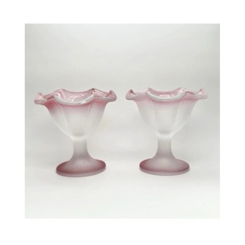 Set of 2 KIG Indonesia Glass Sherbet Sundae Dish Frosted Pink Ruffle Edge 5"